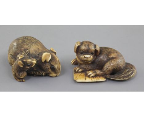 Two Japanese ivory netsuke, 19th century, the first Kyoto School of a rat and young with ebony inlaid eyes, 4.1cm and the sec