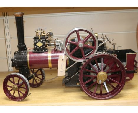 A live steam scale model traction engine, mid-20th century, unnamed, in maroon and black livery with brass boiler bands and s