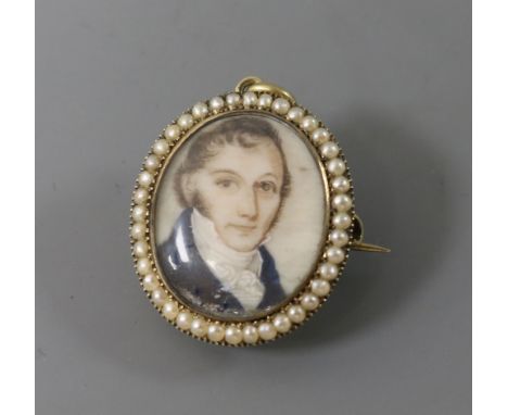 A 19th century yellow metal and split pearl set portrait miniature pendant brooch, 24mm.