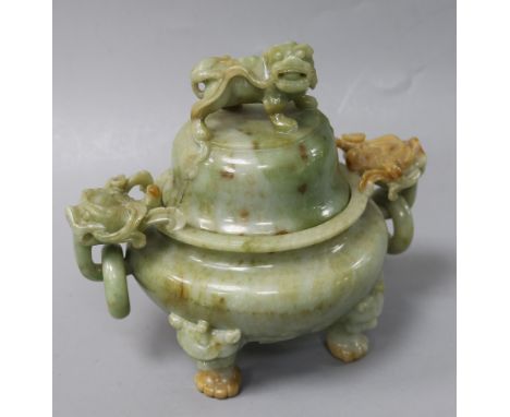 A Chinese jade tripod censer and cover