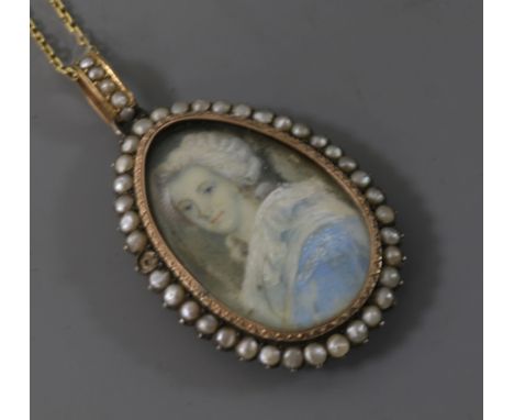 A Regency yellow and white metal and split pearl portrait miniature mourning pendant, on an 18ct gold chain, pendant 50mm.