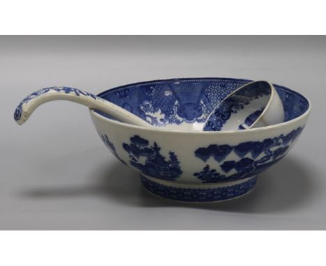 A Victorian Staffordshire blue and white bowl, dish and soup ladle diameter 24cm