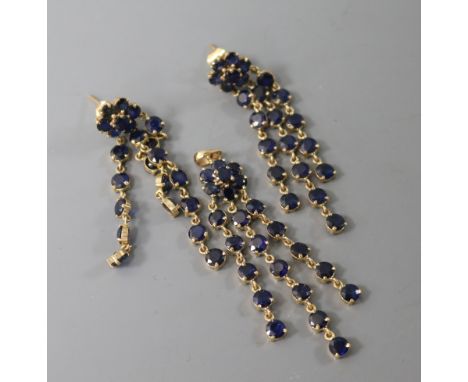 A pair of 14ct gold and multi drop sapphire earrings and matching pendant.