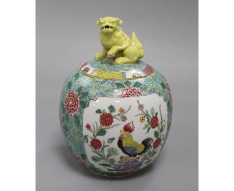 A late 19th century Samson famille rose rooster jar with kylin finial height 25cm
