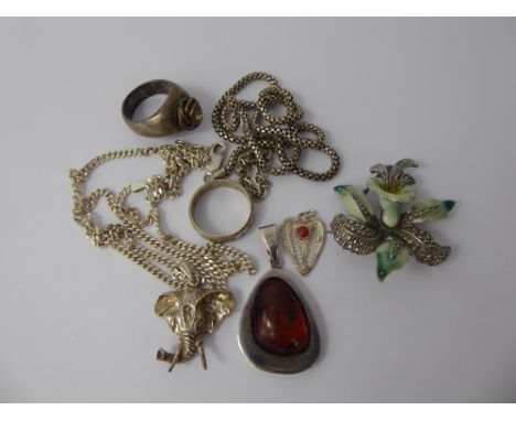 Miscellaneous Silver and Other Jewellery, including an elephant pendant and chain, another silver chain, silver and amber pen