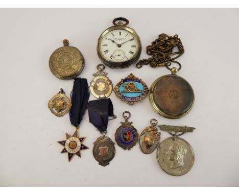 Miscellaneous Silver Medallions, including one enamel Canon Lodge medal nr 1539, approx 60 gms together with three pocket wat