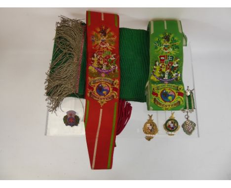 Forrester's Regalia, Sash, Silver Medallion 1940, Birmingham hallmark, enamel medallions x 3.