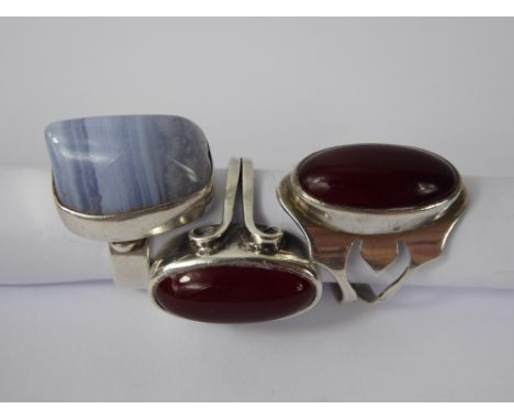 Three Bespoke 1960's Semi-Precious Stone and Silver Rings, collectively size R, K and L+, approx 2.74 gms