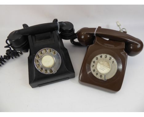 Two Vintage Rotary Dial Telephones, in brown and black. (2)