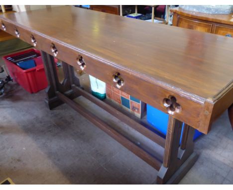 A Vintage Oak Altar Table, having carved ends with twin supports and stretchers, approx 64 x 170 x 83 cms.
