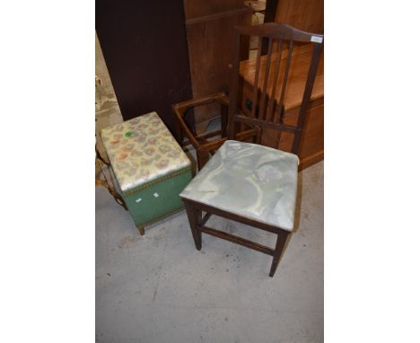 A vintage woven fibre bedding box of small proportion, a chair and a stool without seat.