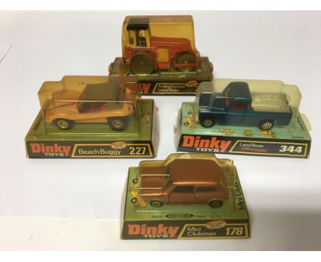 Dinky toys,Original boxed diecast vehicles including #178 Mini clubman, #344 Land Rover, #227 Beach Buggy and #279 Aveling - 