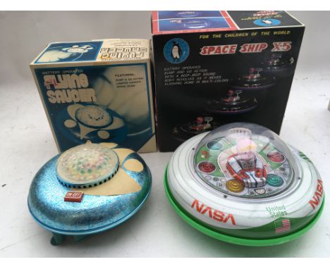 Flying saucers, boxed , battery operated, tinplate and plastic, Space ship X5 and flying saucer