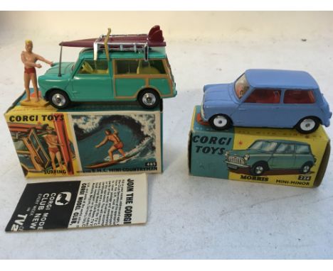 Corgi toys, boxed Diecast vehicles including, #485 Surfing with BMC Mini Countryman and #226 Morris Mini minor