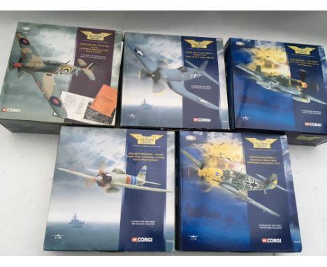 Corgi toys, Aviation Archive, boxed 1:72 scale models, including Hurricane, Vought F4U-1 Corsair, P51D Mustang, Messerschmitt