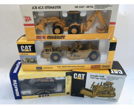 A collection of boxed Diecast earth moving vehicles including Joal compact JCB 4CX sitemaster, CAT 1:50 scale 623G Elevating 