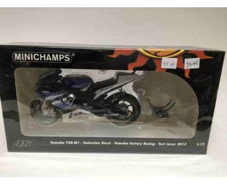 Minichamps, 1:12 scale, Valentino Rossi collection, Yamaha YZR-M1, Yamaha factory racing, test Jerez 2013, Boxed