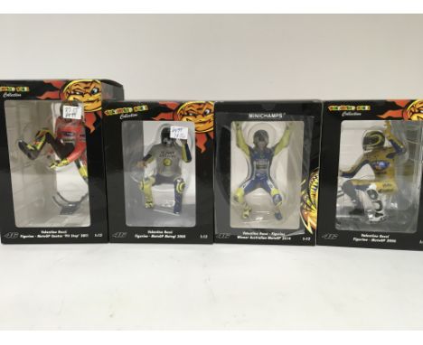 Minichamps, 1:12 scale, Valentino Rossi collection, 4x figurines including MotoGP Qatar pit stop 2011, MotoGP Motegi 2008, Wi