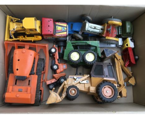 A box containing a collection of tinplate, diecast and plastic vehicles including JCB, Bull dozer, Tractor, cars , trucks etc
