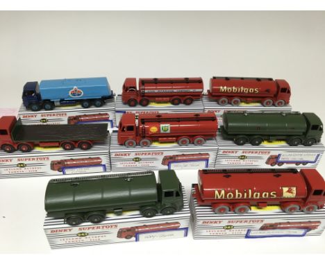 Dinky Supertoys, 7x Leyland Octopus tankers, including 2x Army, 2x Mobilgas, Shell/ BP, Esso, Amoco and a Leyland flatbed, al