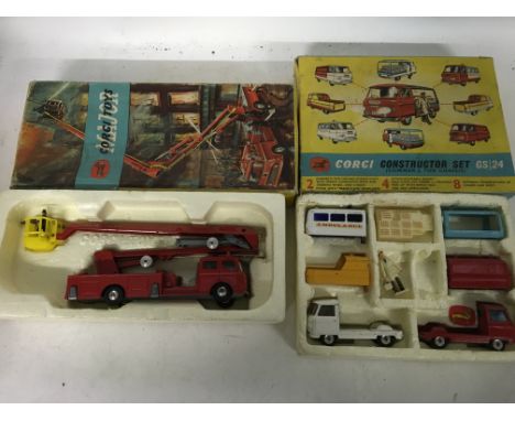 Corgi toys, boxed die cast vehicles including Simon Snorkel fire engine and Constructor set Gift set 24, both in nice conditi