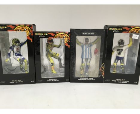 Minichamps, 1:12 scale, Valentino Rossi collection, 4x figurines including MotoGP 2007, GP 500 2001, winner MotoGP Argentina 