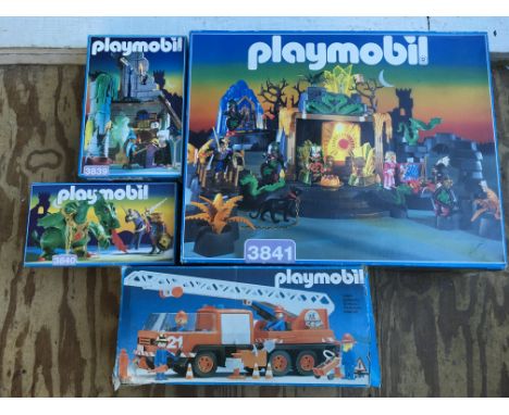 Playmobil, #3839, 3840, 3841, including Magicians castle, Dragon and Knight and Dragon temple, and also a random Fire engine