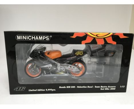 Minichamps, 1:12 scale, Valentino Rossi collection, Honda NSR 500, team Nastro Azzurro, test bike 2000, boxed , limited editi