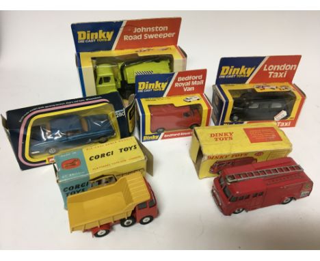 Dinky toys, Including Johnston road sweeper #449, Bedford Royal Mail van #410, London taxi #284, Fire engine #259 also Corgi 