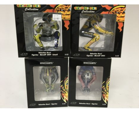 Minichamps, 1:12 scale, Valentino Rossi collection, 4x figurines including MotoGP 2009 Estoril, MotoGP 2005 and 2x figurines 