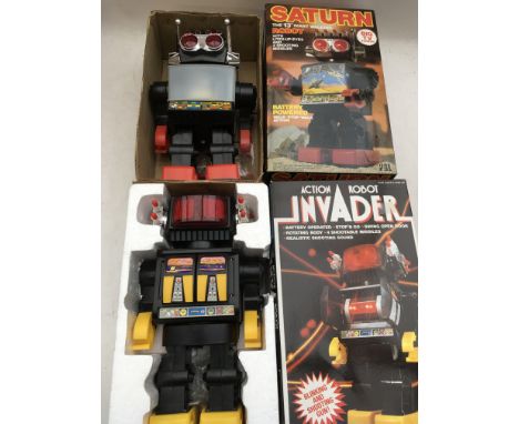 Saturn robot and Action Invader robot, both plastic, boxed, battery operated, made in China