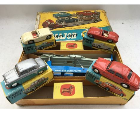 Corgi Major toys, Gift set #1, Carrimore car transporter with four cars, including #201 Austin Cambridge, #205 Riley pathfind