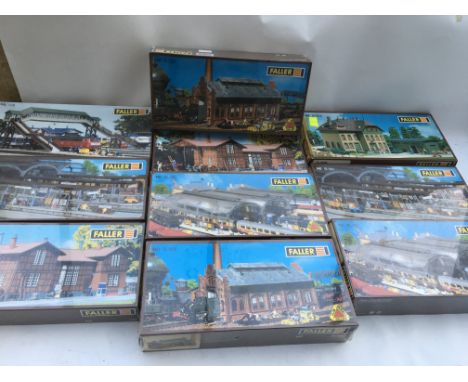 Faller models, HO scale, boxed and sealed, models of trackside buildings including Stations, Engine shed, Bridge etc, x10