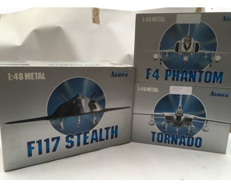 Franklin mint, Collection Armour, 1:48 scale diecast aircraft, boxed including , F117 Stealth, F4 Phantom and a Tornado