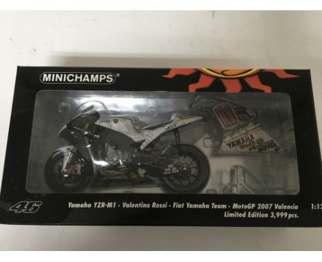 Minichamps, 1:12 scale, Valentino Rossi collection, Yamaha YZR-M1, Fiat Yamaha team, MotoGP 2007 Valencia, boxed, Limited edi