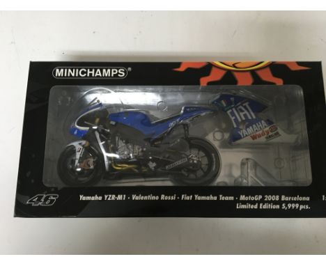 Minichamps, 1:12 scale, Valentino Rossi collection, Yamaha YZR-M1, Fiat Yamaha team, MotoGP 2008 Barcelona, boxed, Limited ed