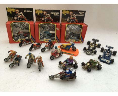 A collection of boxed and loose diecast models of Motorcycles , Go karts and F1 racing cars including Britain’s Speedway bike