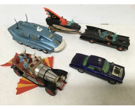 Corgi diecast, TV related , Batmobile and Batboat on trailer, Chitty Chitty bang bang, missing front wing, Man from Uncle Old