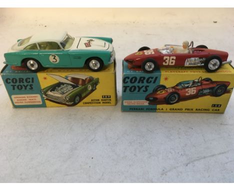 Corgi toys, boxed Diecast vehicles including #309 Aston Martin competition model and #154 Ferrari F1 Grand Prix racing car