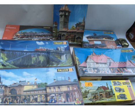 Faller models, HO scale, boxed and sealed set of trackside buildings, including Stations, Bridge etc