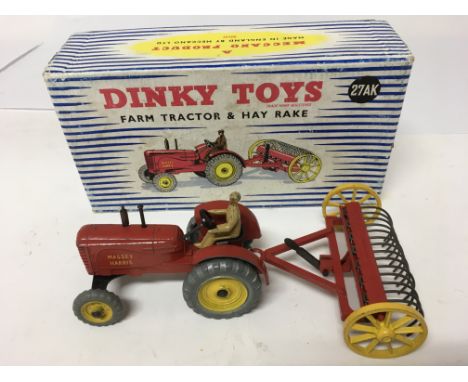 Dinky toys, Original boxed Diecast, #27AK Farm tractor and Hay rake