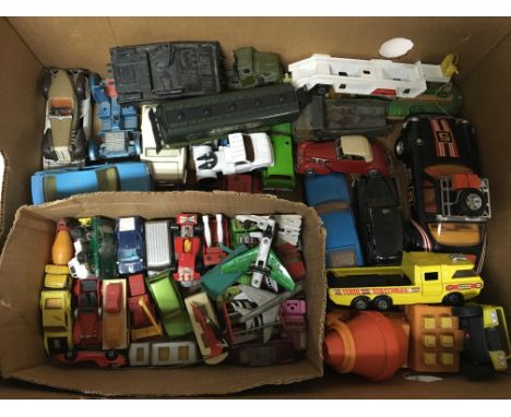 A box containing a collection of loose diecast vehicles including Matchbox, Dinky, Corgi etc