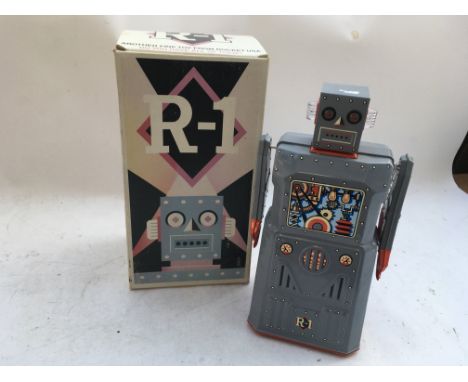 R-1, battery operated tinplate robot, boxed, made by Rocket USA, approximately 12"high
