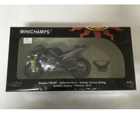 Minichamps, 1:12 scale, Valentino Rossi collection, Yamaha YZR-M1, Yamaha factory racing, Testbike Sepang, February 2013, box