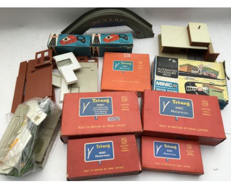 Triang Minic Motorways, a box containing M1803 bus garage, M1808 railway goods shed, M1812 Automatic starting gate accessory 