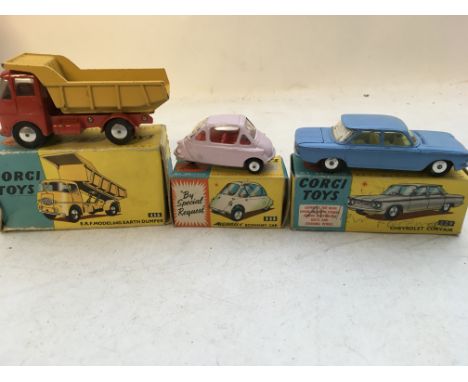 Corgi toys, boxed Diecast vehicles including #458 ERF model 64G Earth dumper, #233 Heinkel economy car and #229 Chevrolet Cor