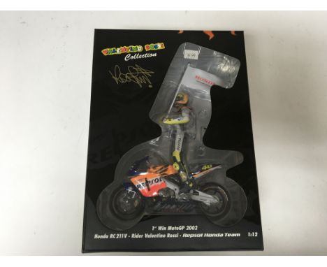 Minichamps, 1:12 scale, Valentino Rossi collection, Honda RC211V, Repsol Honda team, 1st win MotoGP 2002, boxed, limited edit