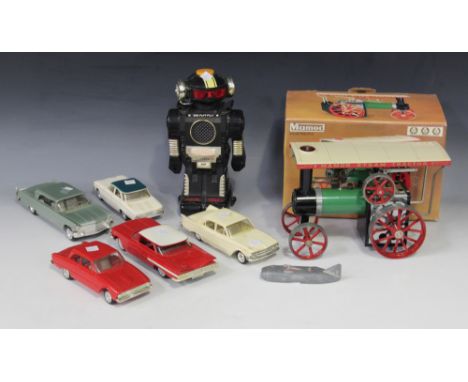 A Mamod TE1a steam traction engine, boxed with instructions and accessories, a Dinky Toys land speed car, a Jetex speedboat, 