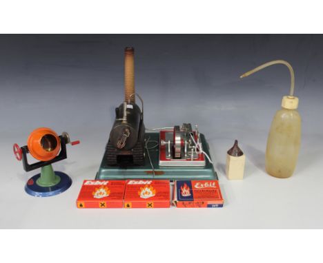A Fleischmann horizontal steam engine with flywheel, on a plinth base with bracket feet, height approx 23cm, base approx 24cm