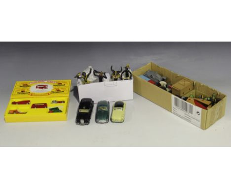 A small collection of die-cast vehicles and accessories, including a Tri-ang Spot-On No. 112 Jensen, a No. 114 Aston Martin D